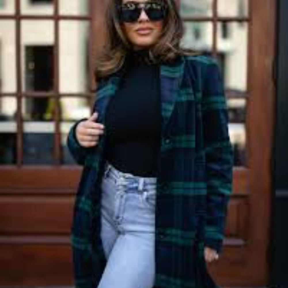 Vero Moda Plaid Navy And Green Peacoat